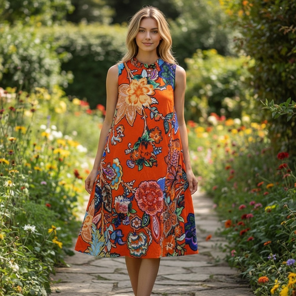 Maeve Anthropologie Orange Floral Paisley Trapeze Midi Dress Sleeveless Medium